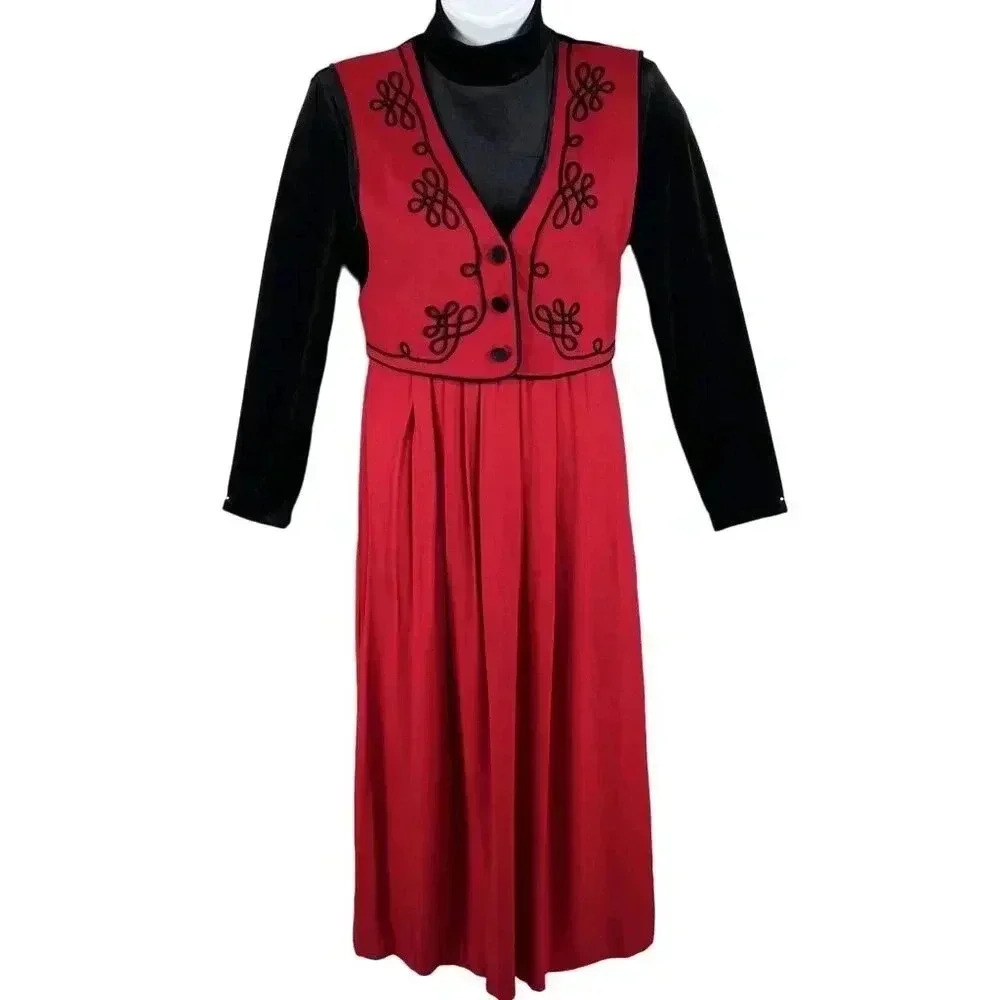 Vintage JBS Ltd Dress Size 12 Red Vest Skirt & Black Velvet Top Holiday Prairie